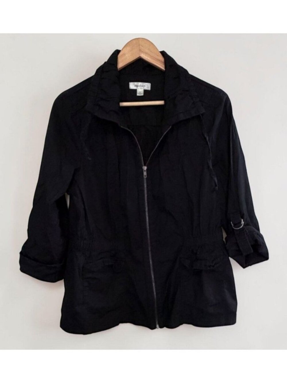 Dressbarn Lightweight Zip Jacket XL Black Casual Rolled Sleeves Front Pockets